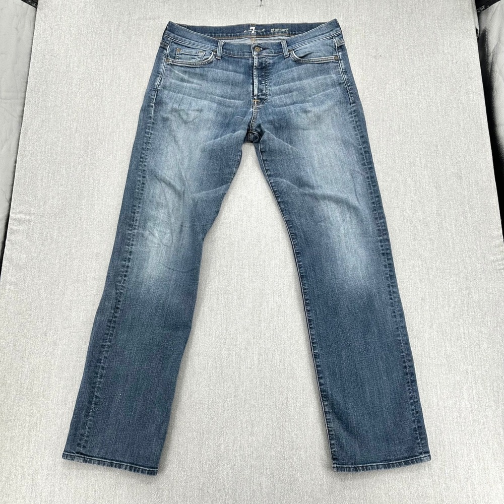 7 For All Mankind Jeans Mens 36x34 Blue Standard Straight Leg Stretch Distressed